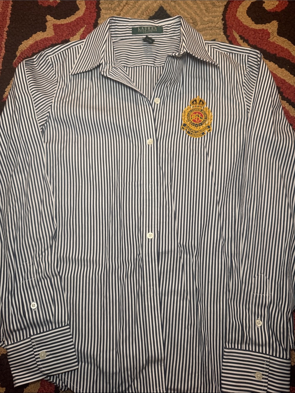 Ralph Lauren Navy & White Striped Button-Down Shirt with Embroidered Crest